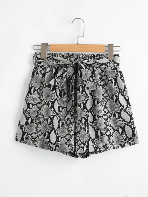Casual Snakeskin Print Belted High Waist Women Shorts