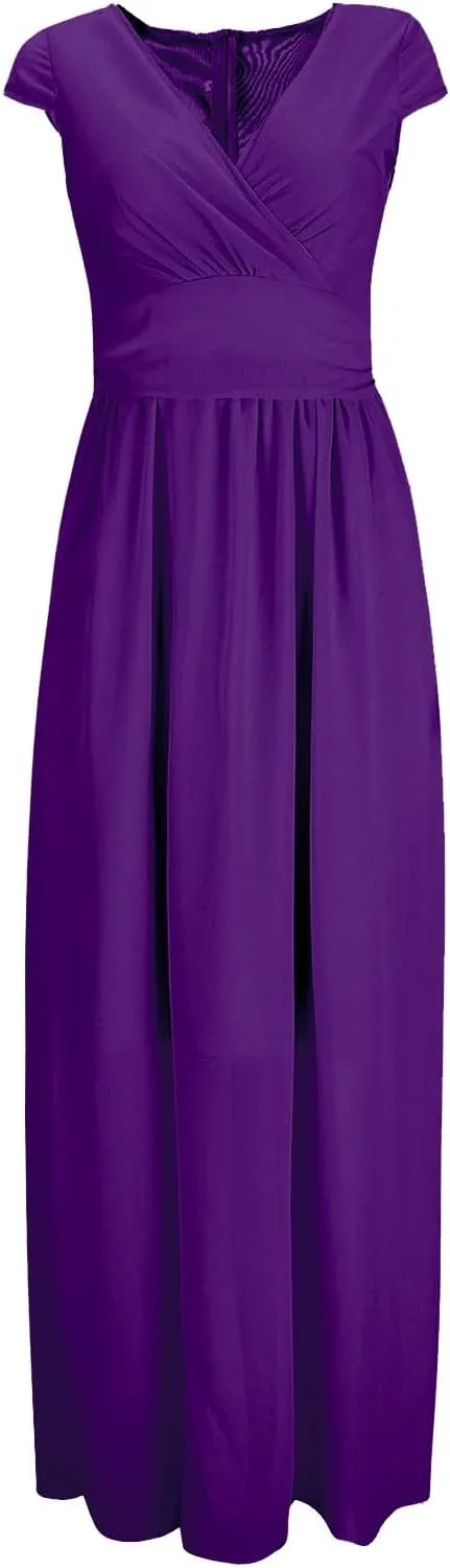 Casual Spring Dresses for Women 2025,Women's Chiffon Solid V Neck Short Sleeve Wedding Guest Dress Cocktail Maxi Dresses