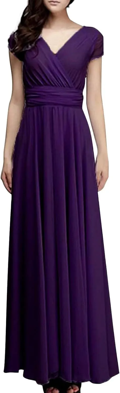 Casual Spring Dresses for Women 2025,Women's Chiffon Solid V Neck Short Sleeve Wedding Guest Dress Cocktail Maxi Dresses