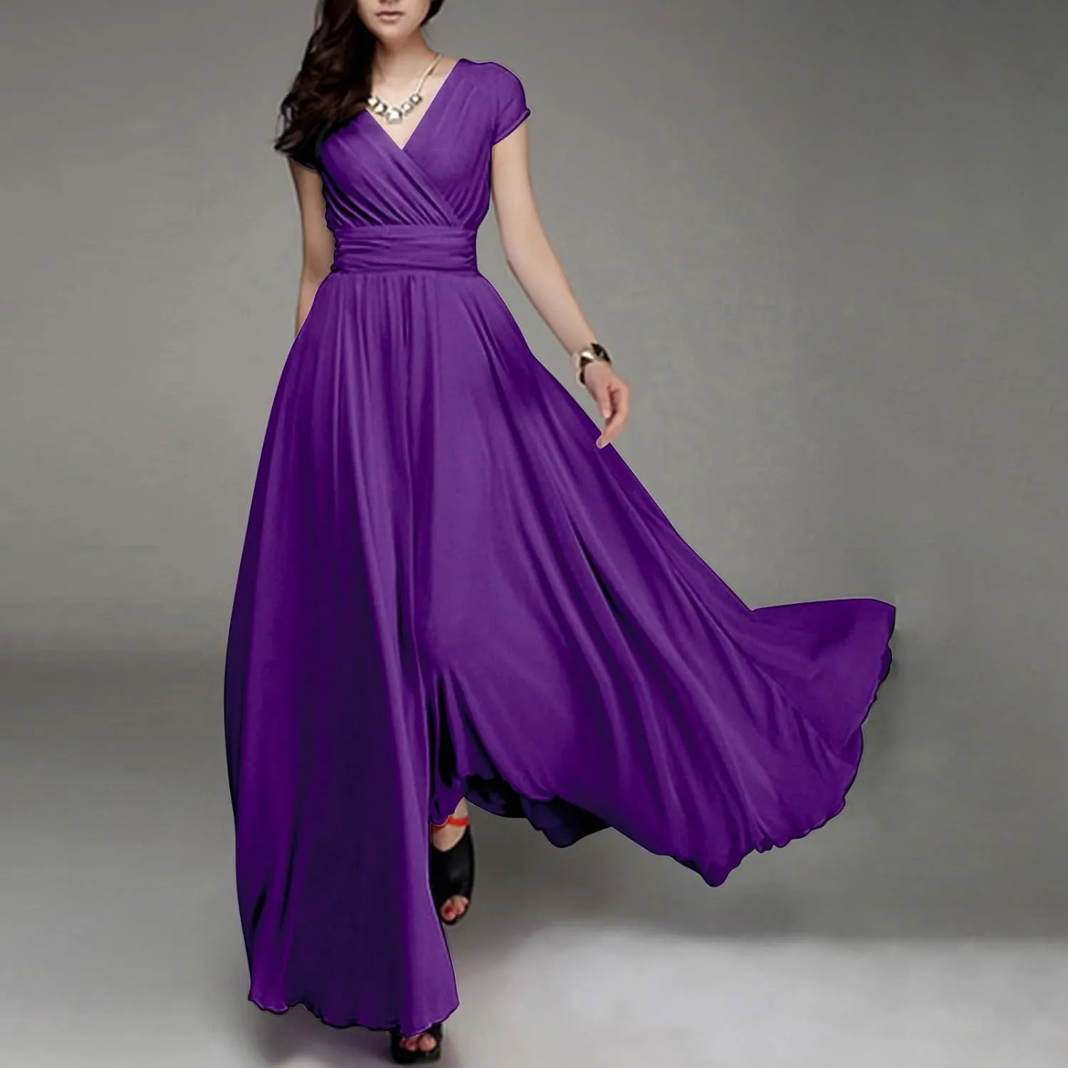 Casual Spring Dresses for Women 2025,Women's Chiffon Solid V Neck Short Sleeve Wedding Guest Dress Cocktail Maxi Dresses