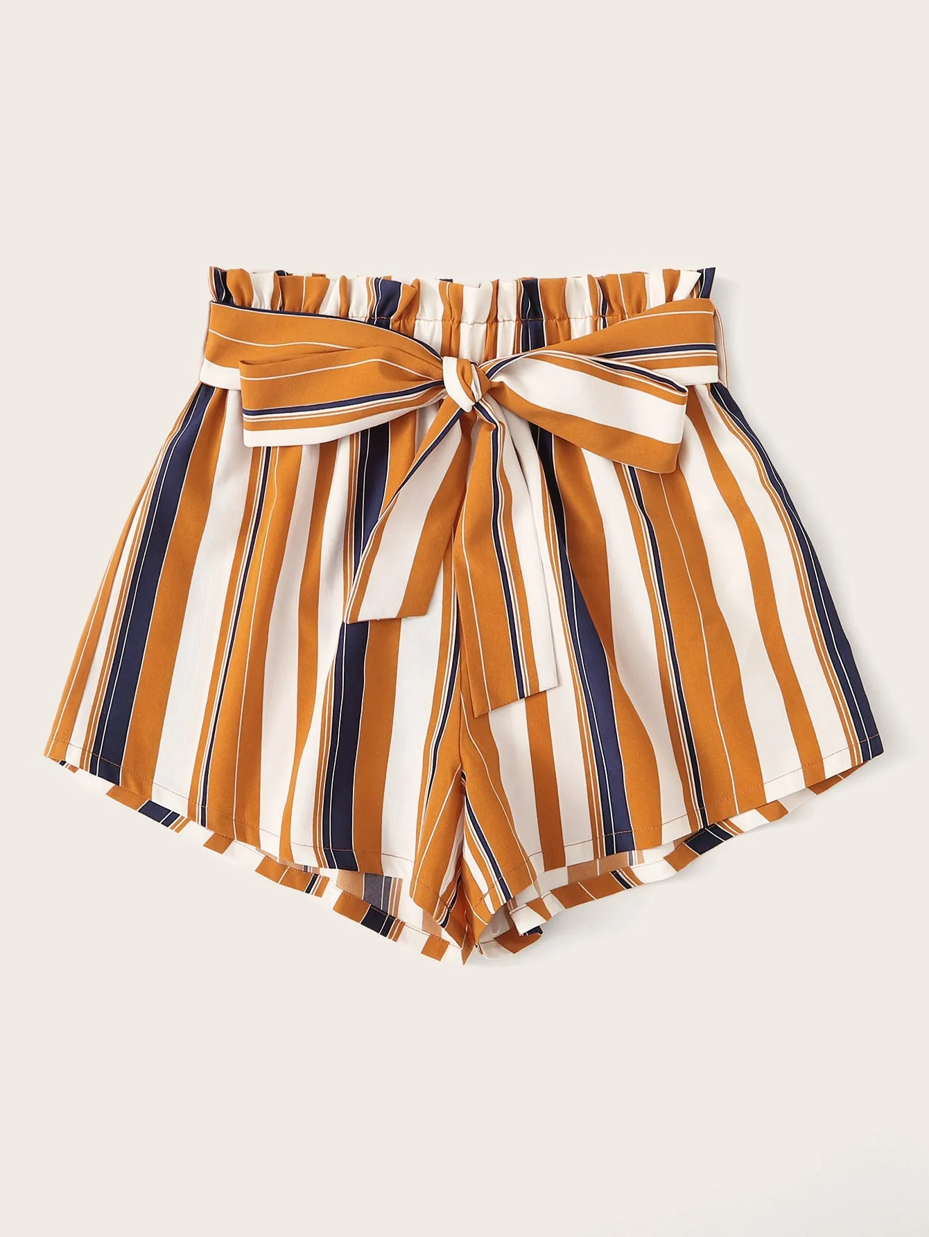 Casual Striped Paper Bag Waist Natural Women Shorts