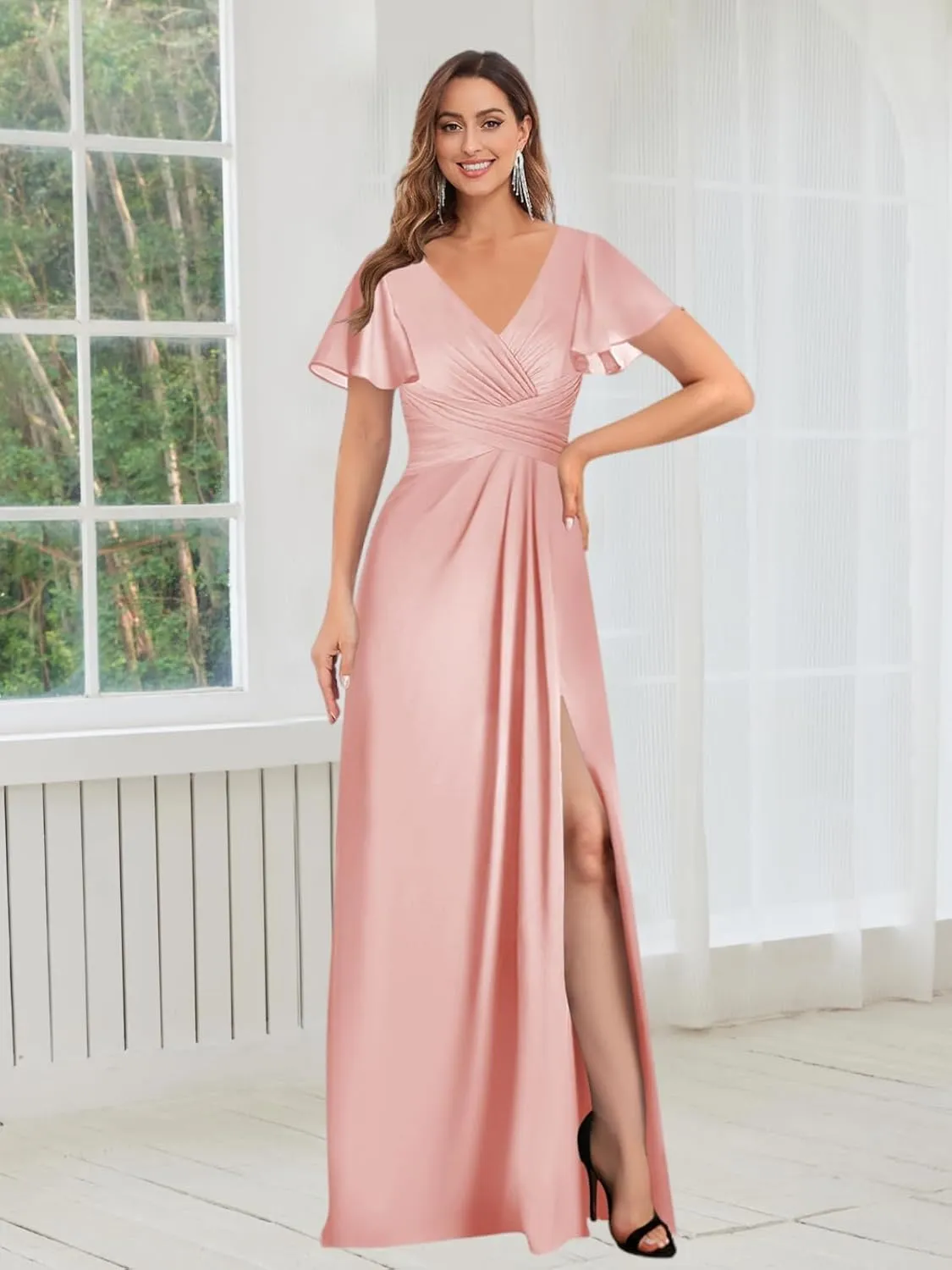 Chiffon Bridesmaid Dresses for Wedding with Slit Sleeves V Neck Pleated Long Formal Evening Party Gown