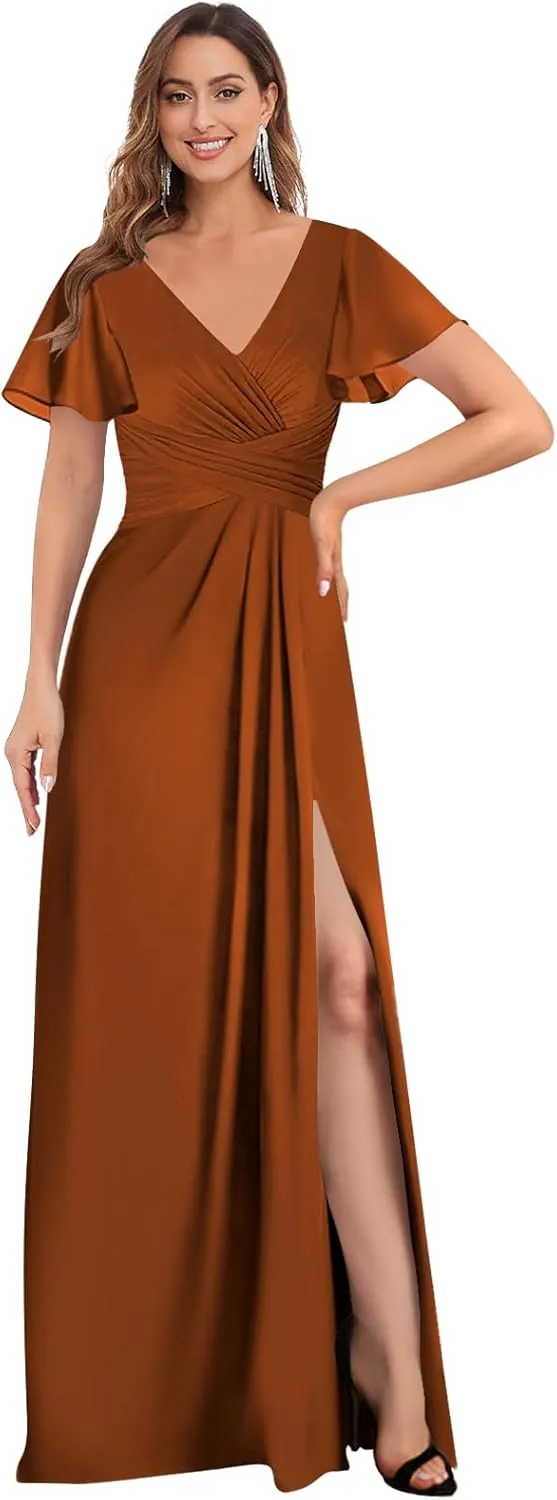 Chiffon Bridesmaid Dresses for Wedding with Slit Sleeves V Neck Pleated Long Formal Evening Party Gown