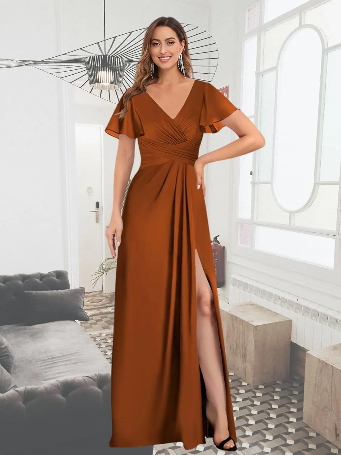 Chiffon Bridesmaid Dresses for Wedding with Slit Sleeves V Neck Pleated Long Formal Evening Party Gown