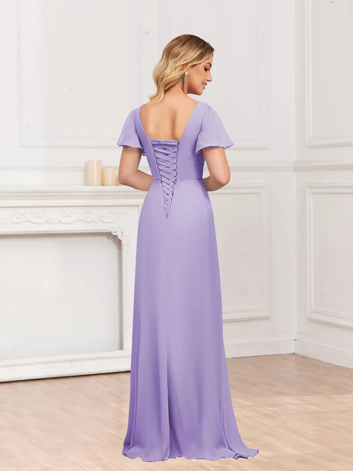 Chiffon Bridesmaid Dresses for Wedding with Slit Sleeves V Neck Pleated Long Formal Evening Party Gown