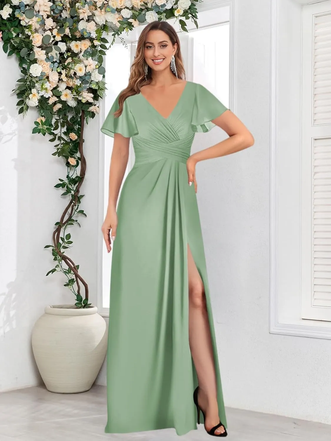 Chiffon Bridesmaid Dresses for Wedding with Slit Sleeves V Neck Pleated Long Formal Evening Party Gown