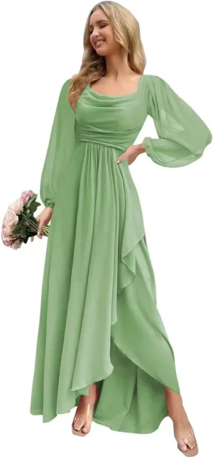 Chiffon Bridesmaid Dresses with Long Sleeve Cowl Neck Ruffle Formal Evening Dress for Wedding EL30