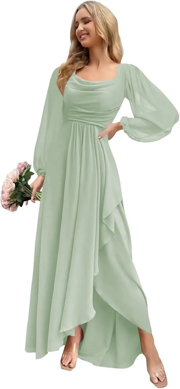 Chiffon Bridesmaid Dresses with Long Sleeve Cowl Neck Ruffle Formal Evening Dress for Wedding EL30
