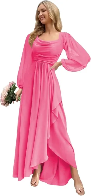 Chiffon Bridesmaid Dresses with Long Sleeve Cowl Neck Ruffle Formal Evening Dress for Wedding EL30