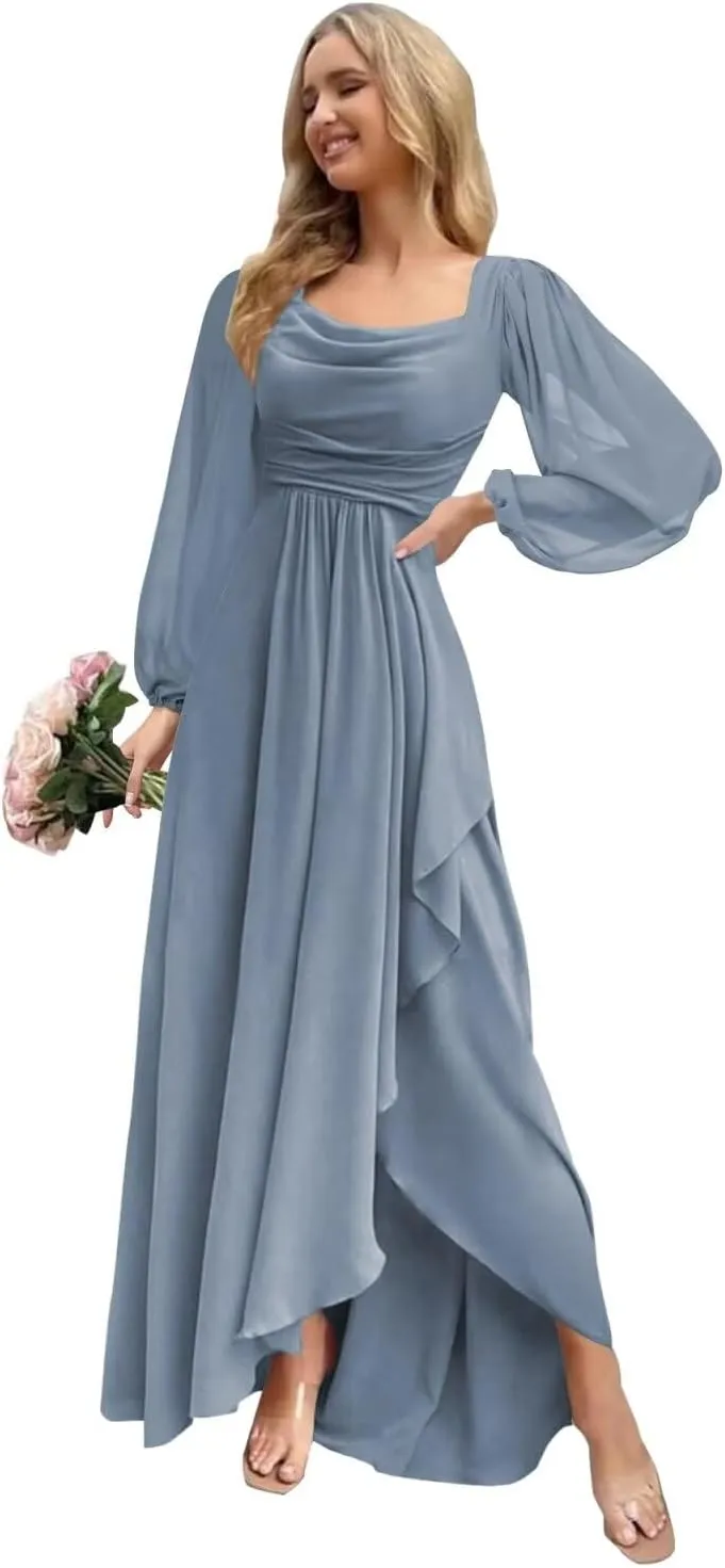 Chiffon Bridesmaid Dresses with Long Sleeve Cowl Neck Ruffle Formal Evening Dress for Wedding EL30