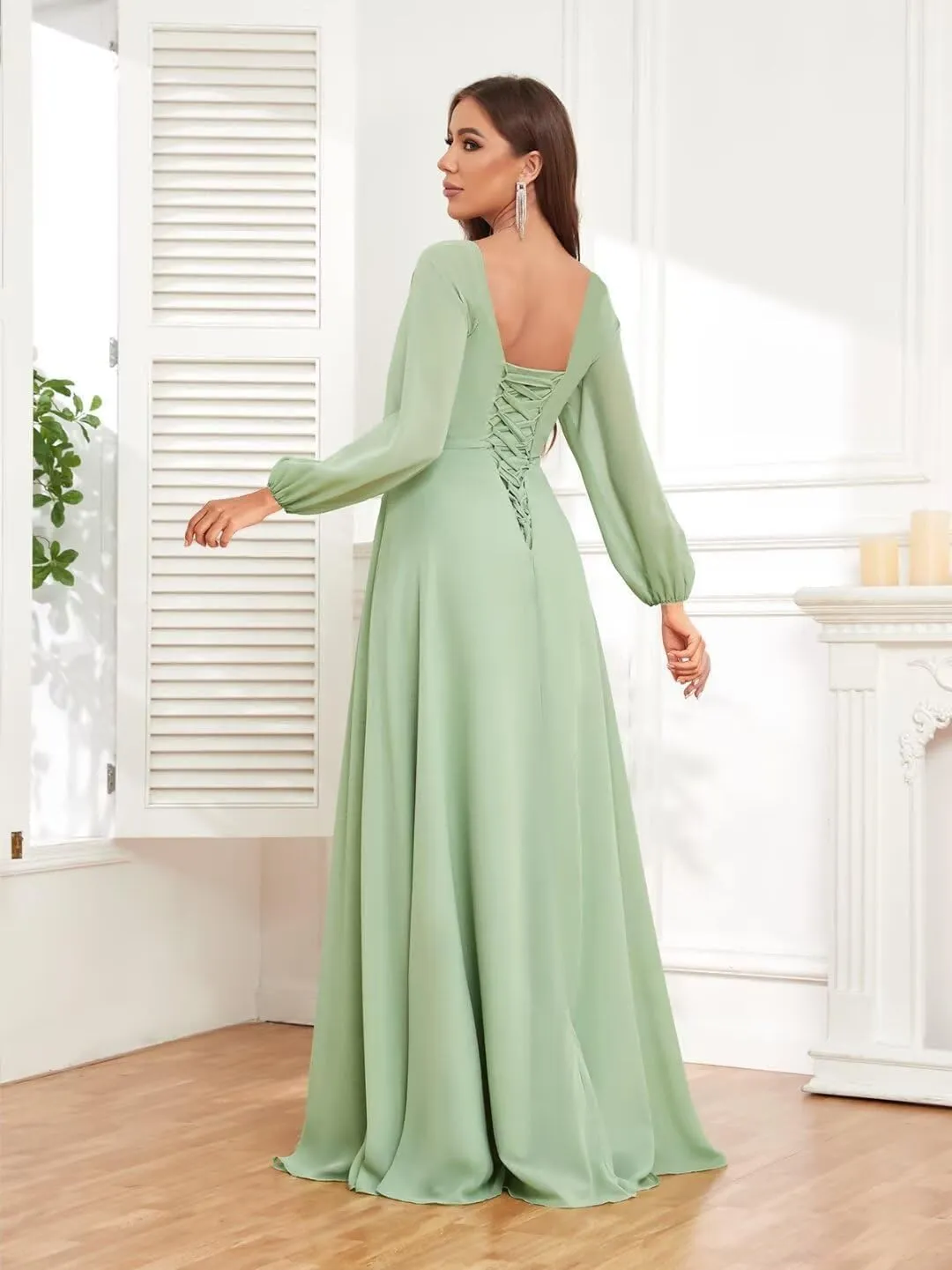 Chiffon Bridesmaid Dresses with Long Sleeve Cowl Neck Ruffle Formal Evening Dress for Wedding EL30