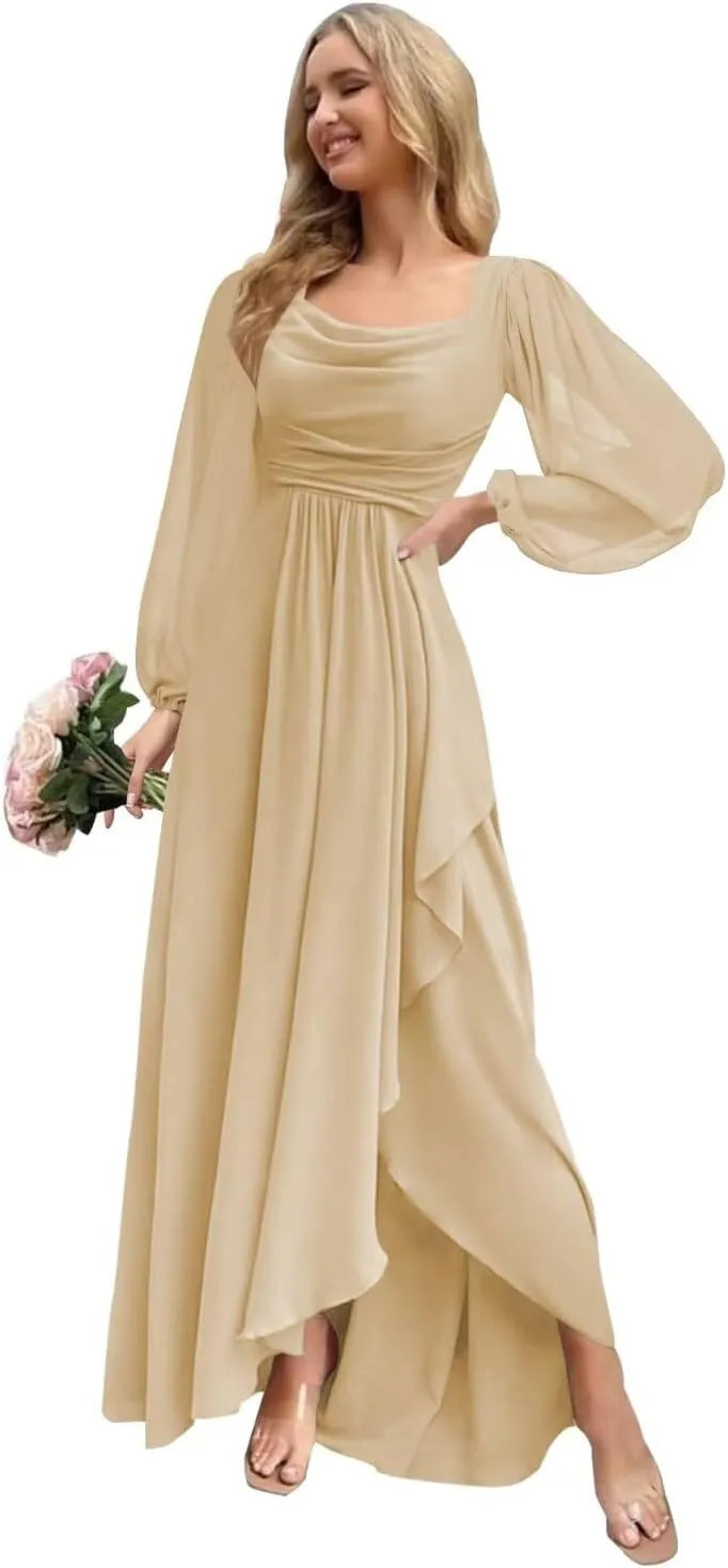 Chiffon Bridesmaid Dresses with Long Sleeve Cowl Neck Ruffle Formal Evening Dress for Wedding EL30