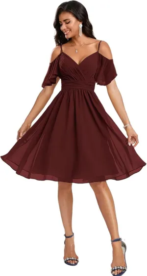 Cold Shoulder Bridesmaid Dresses 2025 Short Formal Dress for Women Chiffon Evening Gown with Sleeves
