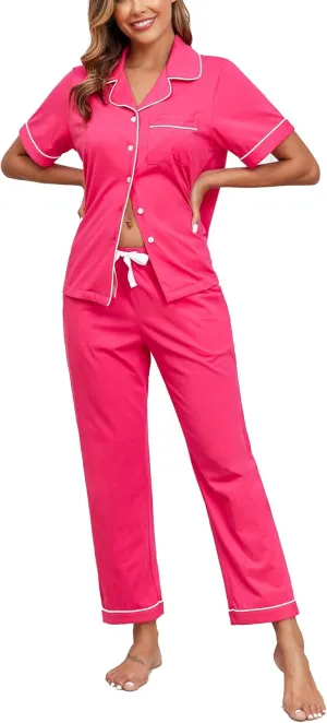 COLORFULLEAF Women's 100% Cotton Pajama Set Button Down Sleepwear Short Sleeve Shirt and Long Pants Soft ladies Lounge Sets