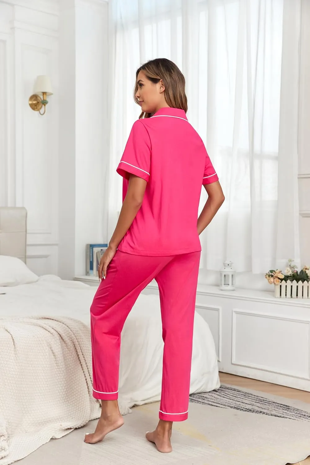 COLORFULLEAF Women's 100% Cotton Pajama Set Button Down Sleepwear Short Sleeve Shirt and Long Pants Soft ladies Lounge Sets