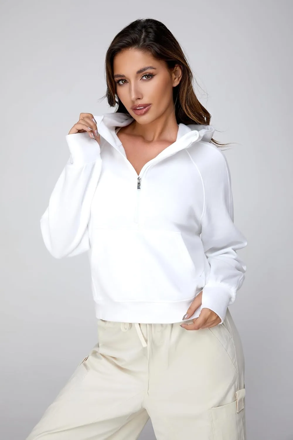 Cropped Quarter Zip Up Hoodie Women Pullover Sweater White Black Grey Fleece Thumb Hole Short Crop Sweatshirt