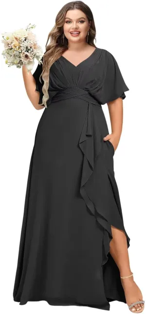 Dessiny Flutter Sleeves Plus Size Bridesmaid Dresses with Slit Chiffon V Neck Formal Party Dresses 2025 DE54