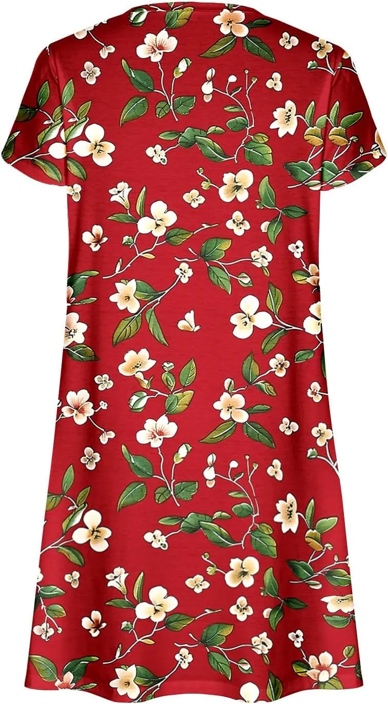 Dresses for Women 2025 Casual Spring Short Sleeve Floral Print Sundress Vacation Loose V-Neck Beach Dress with Pocket