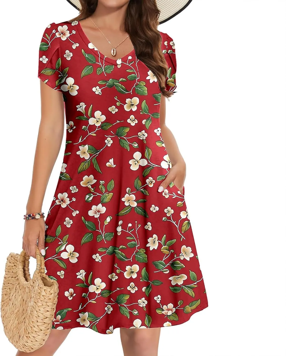 Dresses for Women 2025 Casual Spring Short Sleeve Floral Print Sundress Vacation Loose V-Neck Beach Dress with Pocket