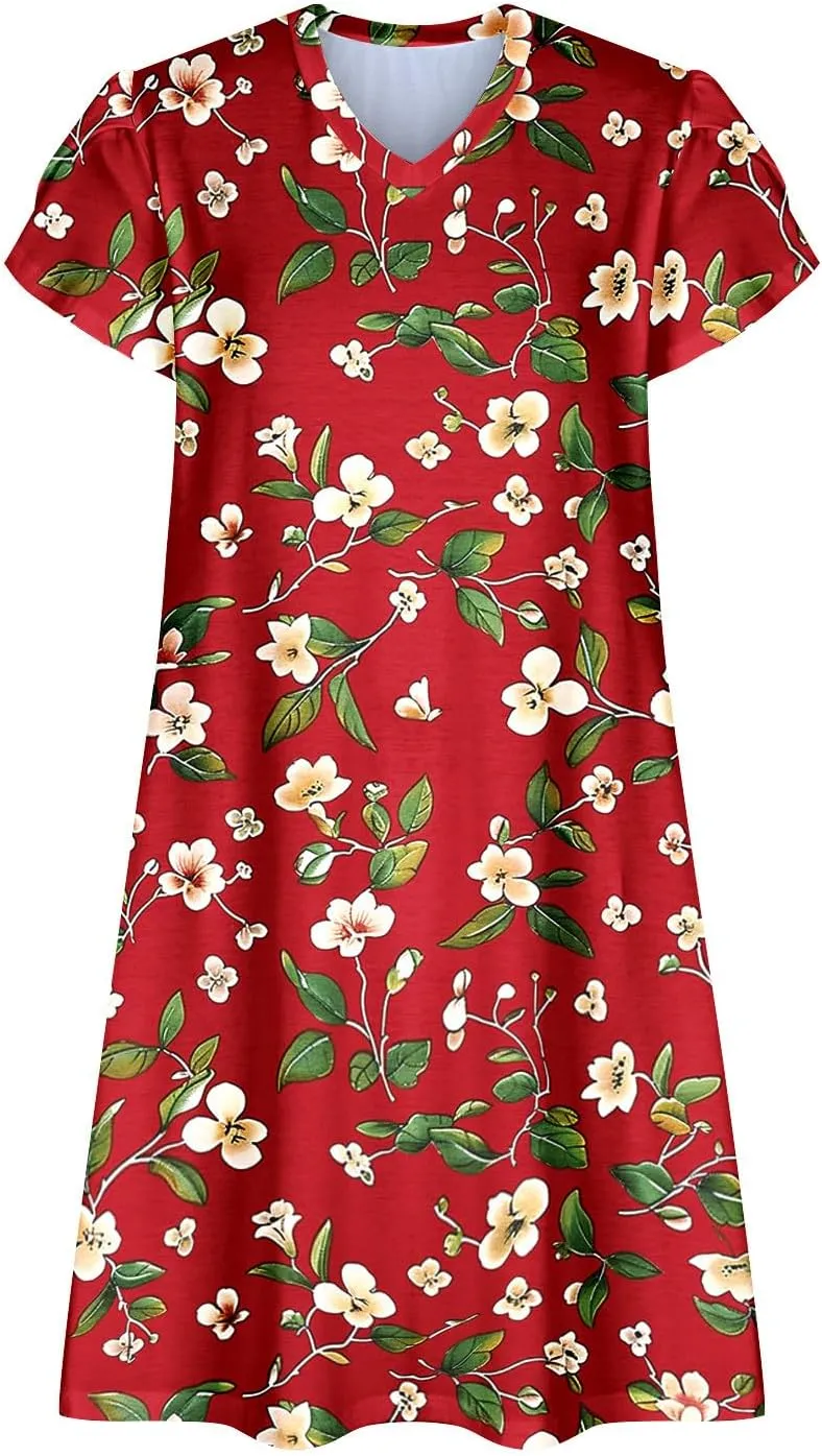 Dresses for Women 2025 Casual Spring Short Sleeve Floral Print Sundress Vacation Loose V-Neck Beach Dress with Pocket