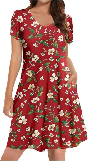Dresses for Women 2025 Casual Spring Short Sleeve Floral Print Sundress Vacation Loose V-Neck Beach Dress with Pocket