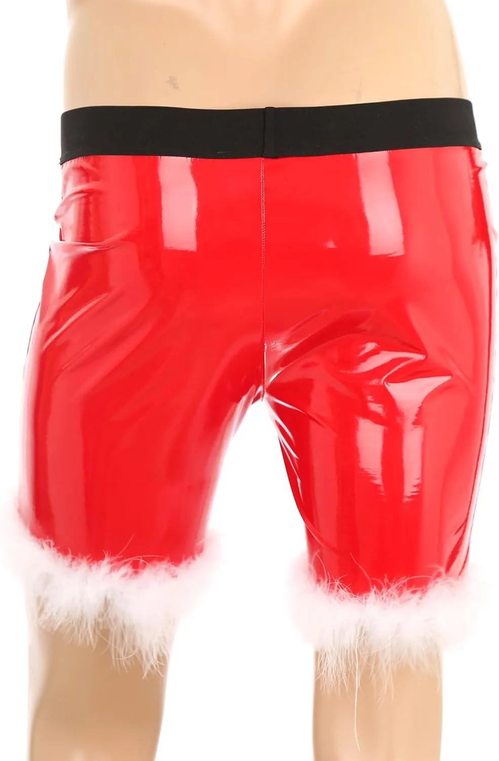easyforever Men's Sexy Santa Costume Boxer Briefs Shiny Leather Feather Trim Shorts Underwear