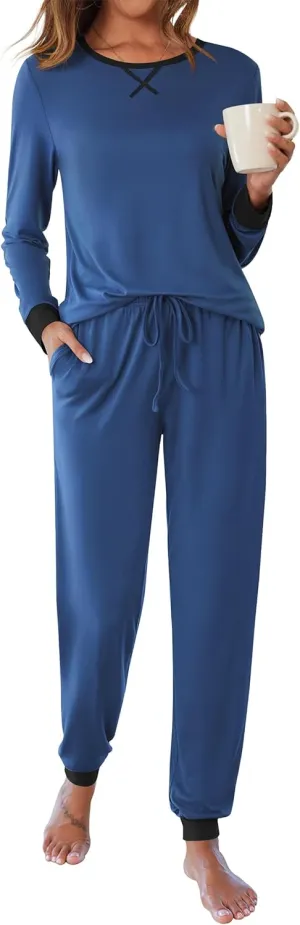 Ekouaer Women's Pajamas Sets Long Sleeve Pjs Soft Sleepwear O Neck 2 Piece Joggers Loung Set with Pockets Blue Small