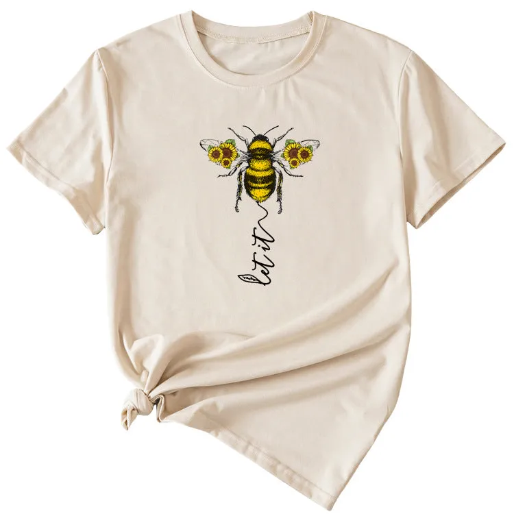 Fashion Women's Clothing Let It Bee Pattern Summer Crewneck Short Sleeve Women