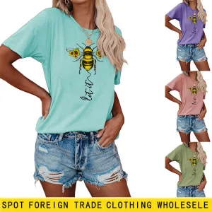 Fashion Women's Clothing Let It Bee Pattern Summer Crewneck Short Sleeve Women