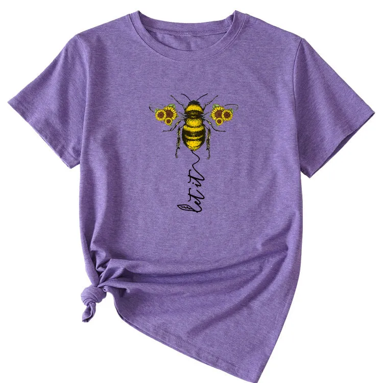 Fashion Women's Clothing Let It Bee Pattern Summer Crewneck Short Sleeve Women