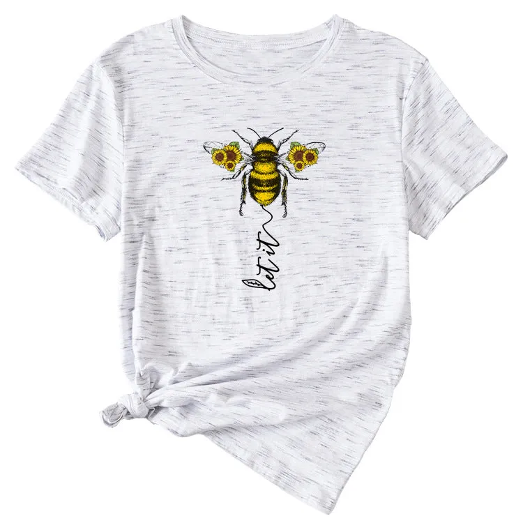 Fashion Women's Clothing Let It Bee Pattern Summer Crewneck Short Sleeve Women