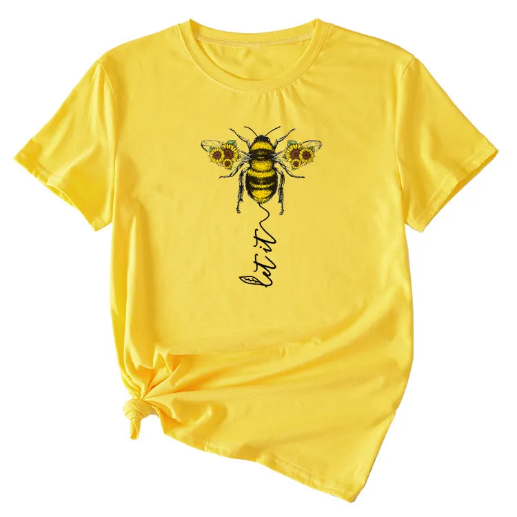 Fashion Women's Clothing Let It Bee Pattern Summer Crewneck Short Sleeve Women