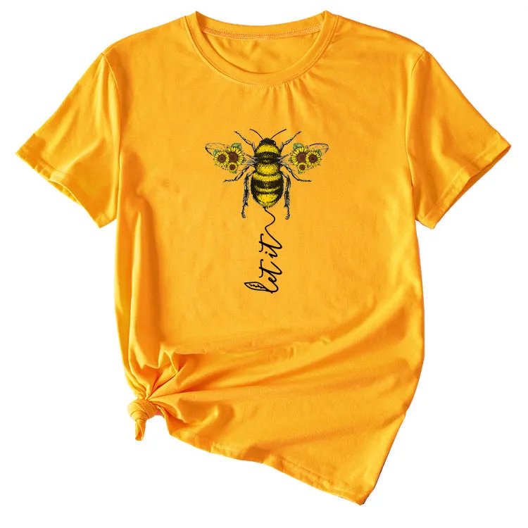 Fashion Women's Clothing Let It Bee Pattern Summer Crewneck Short Sleeve Women