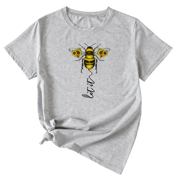 Fashion Women's Clothing Let It Bee Pattern Summer Crewneck Short Sleeve Women