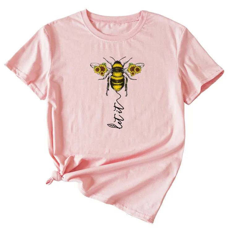 Fashion Women's Clothing Let It Bee Pattern Summer Crewneck Short Sleeve Women