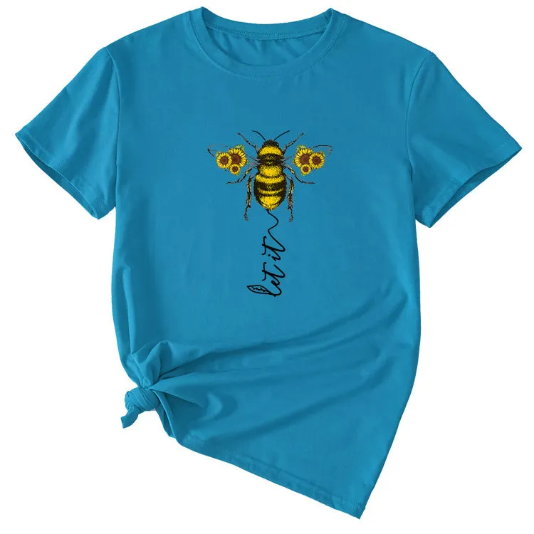 Fashion Women's Clothing Let It Bee Pattern Summer Crewneck Short Sleeve Women
