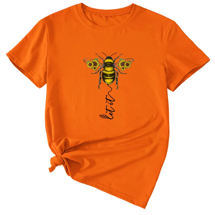 Fashion Women's Clothing Let It Bee Pattern Summer Crewneck Short Sleeve Women