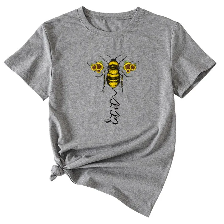 Fashion Women's Clothing Let It Bee Pattern Summer Crewneck Short Sleeve Women