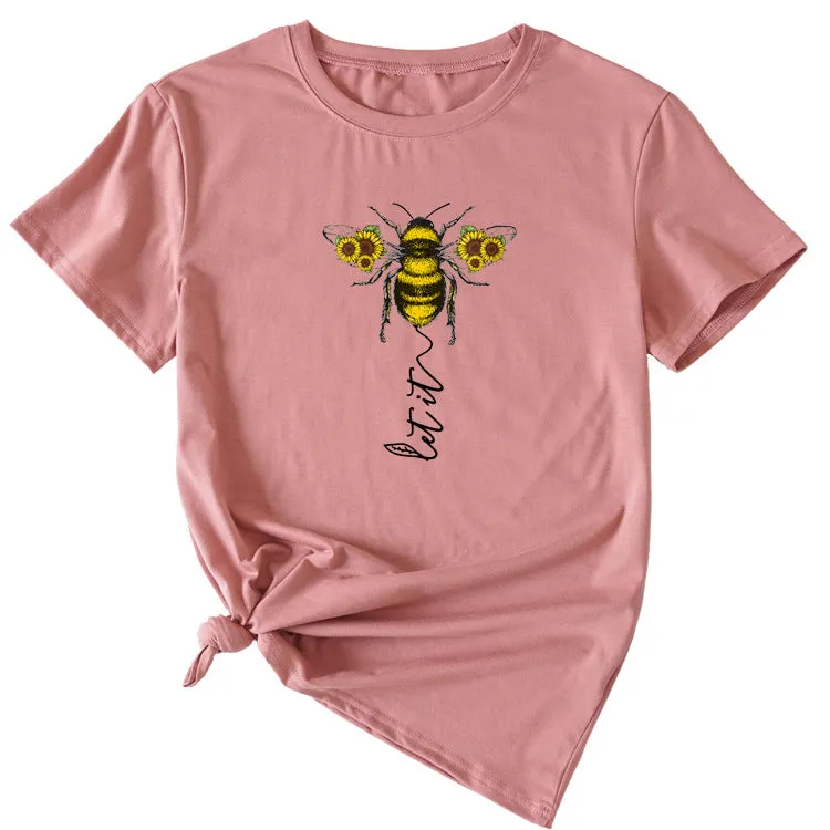 Fashion Women's Clothing Let It Bee Pattern Summer Crewneck Short Sleeve Women