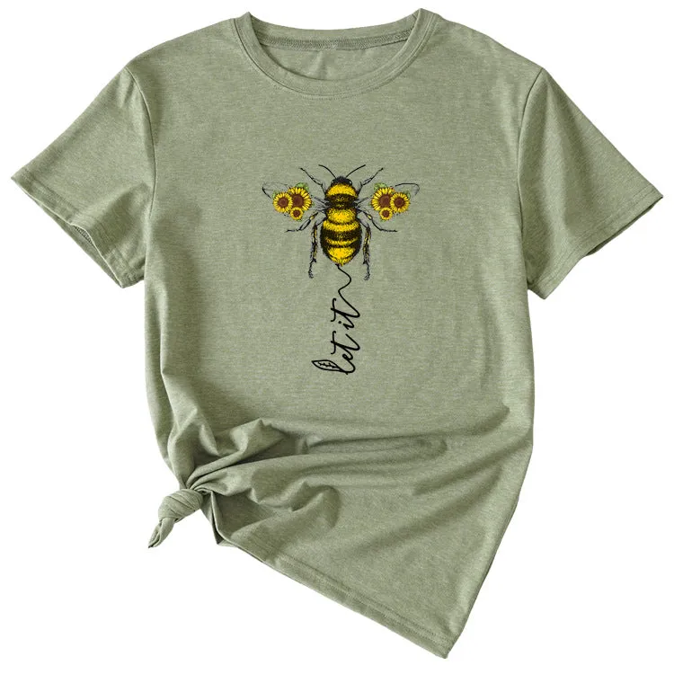 Fashion Women's Clothing Let It Bee Pattern Summer Crewneck Short Sleeve Women