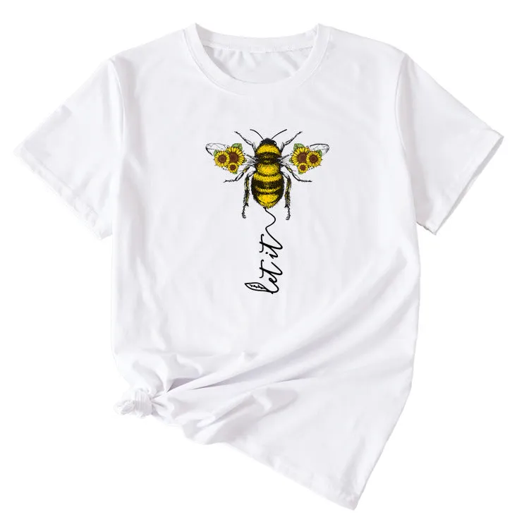 Fashion Women's Clothing Let It Bee Pattern Summer Crewneck Short Sleeve Women