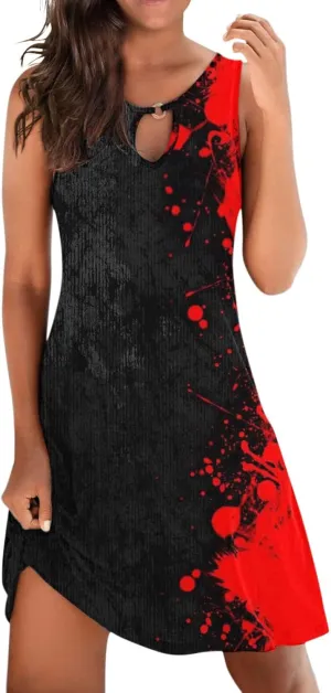 for Women Summer Loose Dress Sleeveless Floral Print V Neck Hollow Out Beach Dress Mini Dress Halter Formal