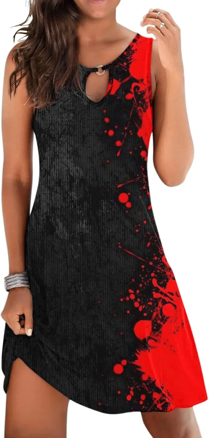 for Women Summer Loose Dress Sleeveless Floral Print V Neck Hollow Out Beach Dress Mini Dress Halter Formal