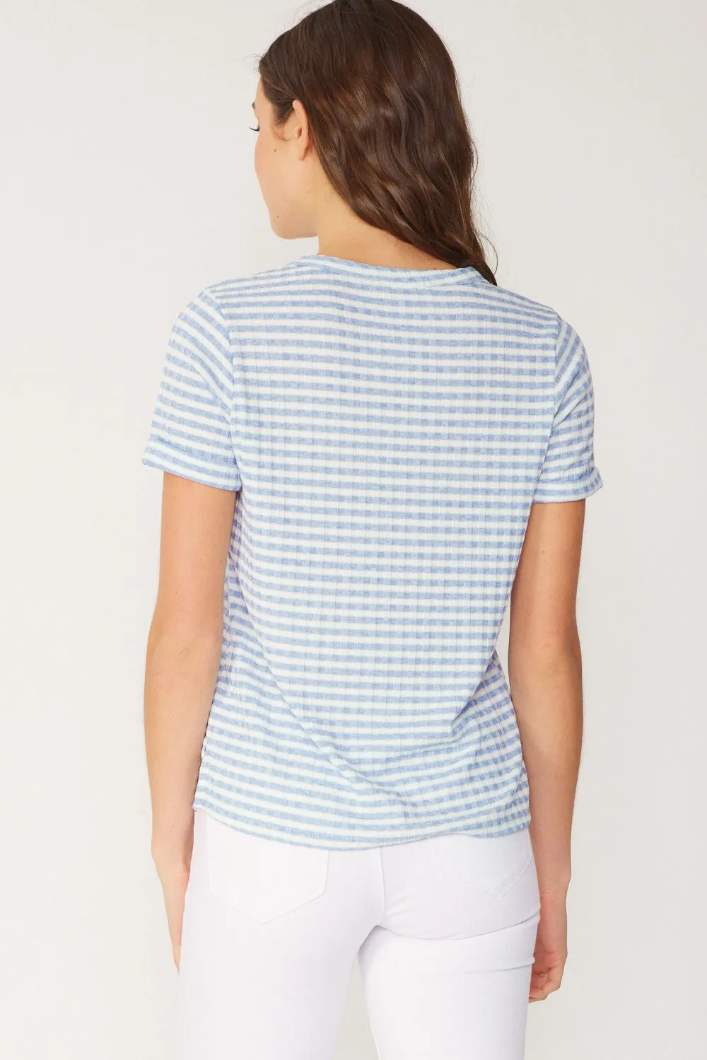 FSL Apparel Stripe Ribbed Knit Short Sleeve Top In Light Blue