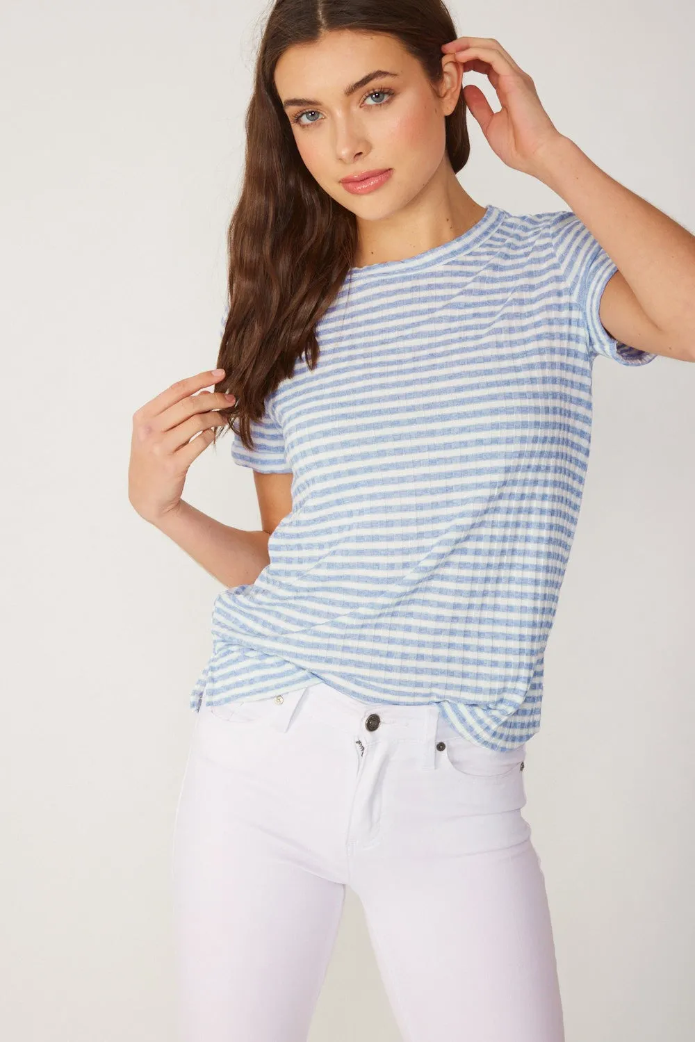 FSL Apparel Stripe Ribbed Knit Short Sleeve Top In Light Blue