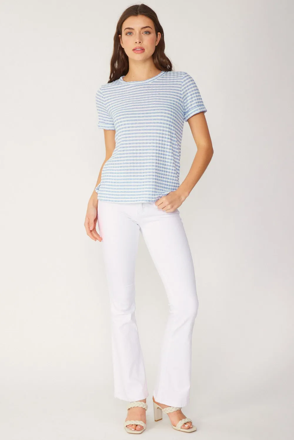 FSL Apparel Stripe Ribbed Knit Short Sleeve Top In Light Blue