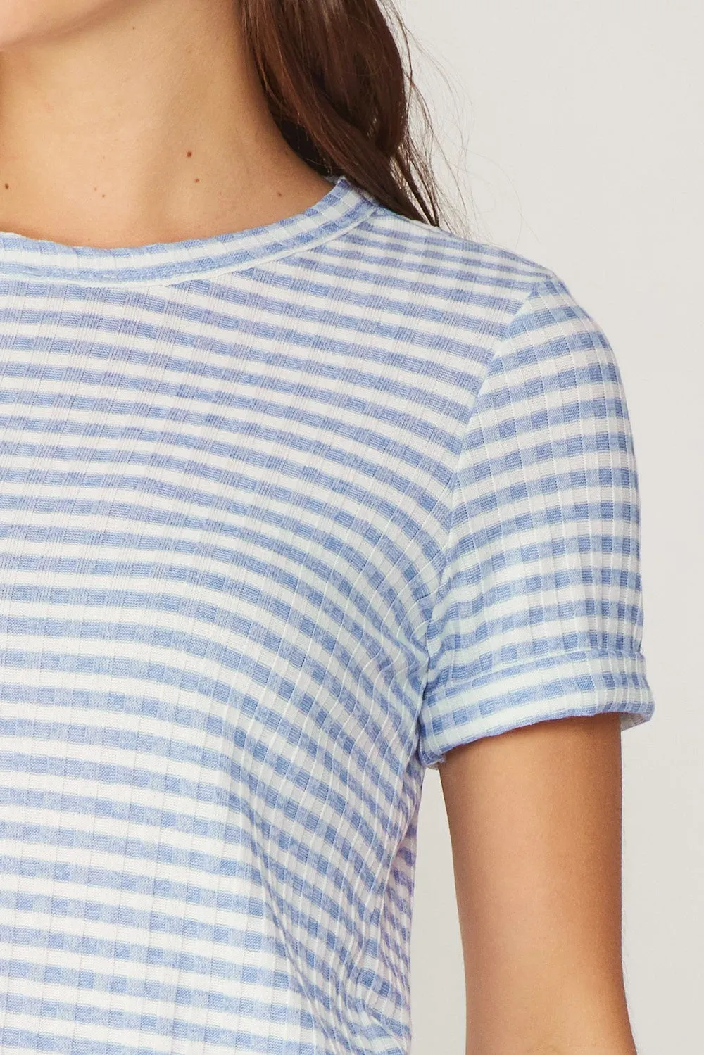 FSL Apparel Stripe Ribbed Knit Short Sleeve Top In Light Blue