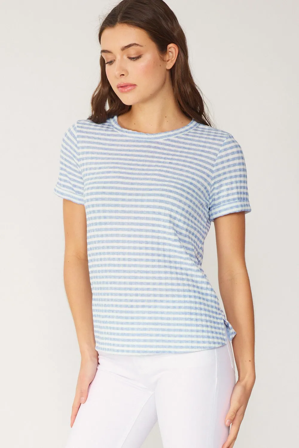 FSL Apparel Stripe Ribbed Knit Short Sleeve Top In Light Blue