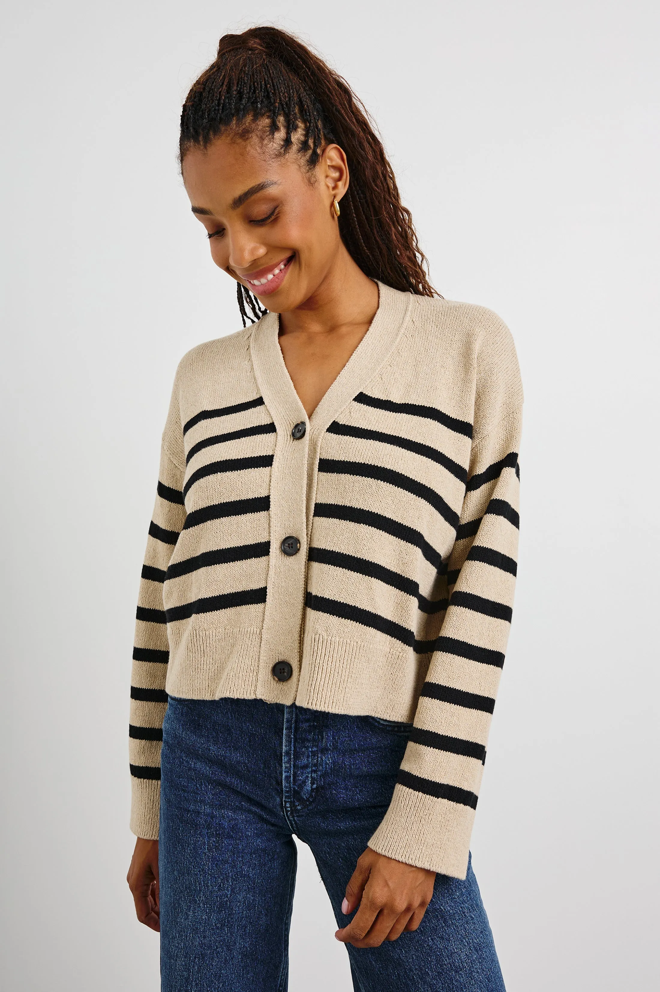 GENEVA CARDIGAN - OATMEAL BLACK STRIPE