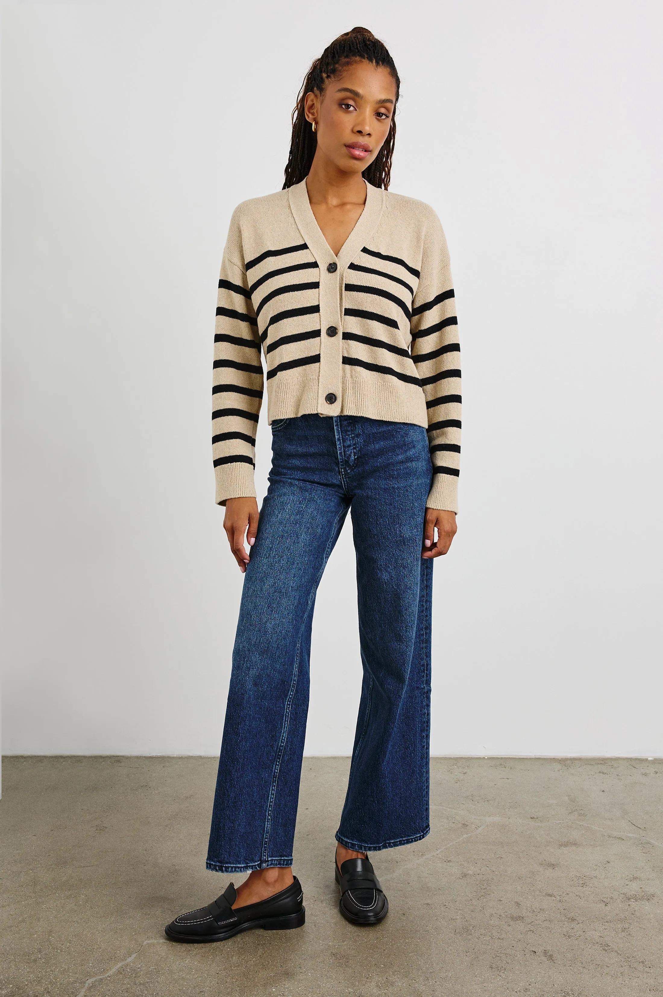GENEVA CARDIGAN - OATMEAL BLACK STRIPE